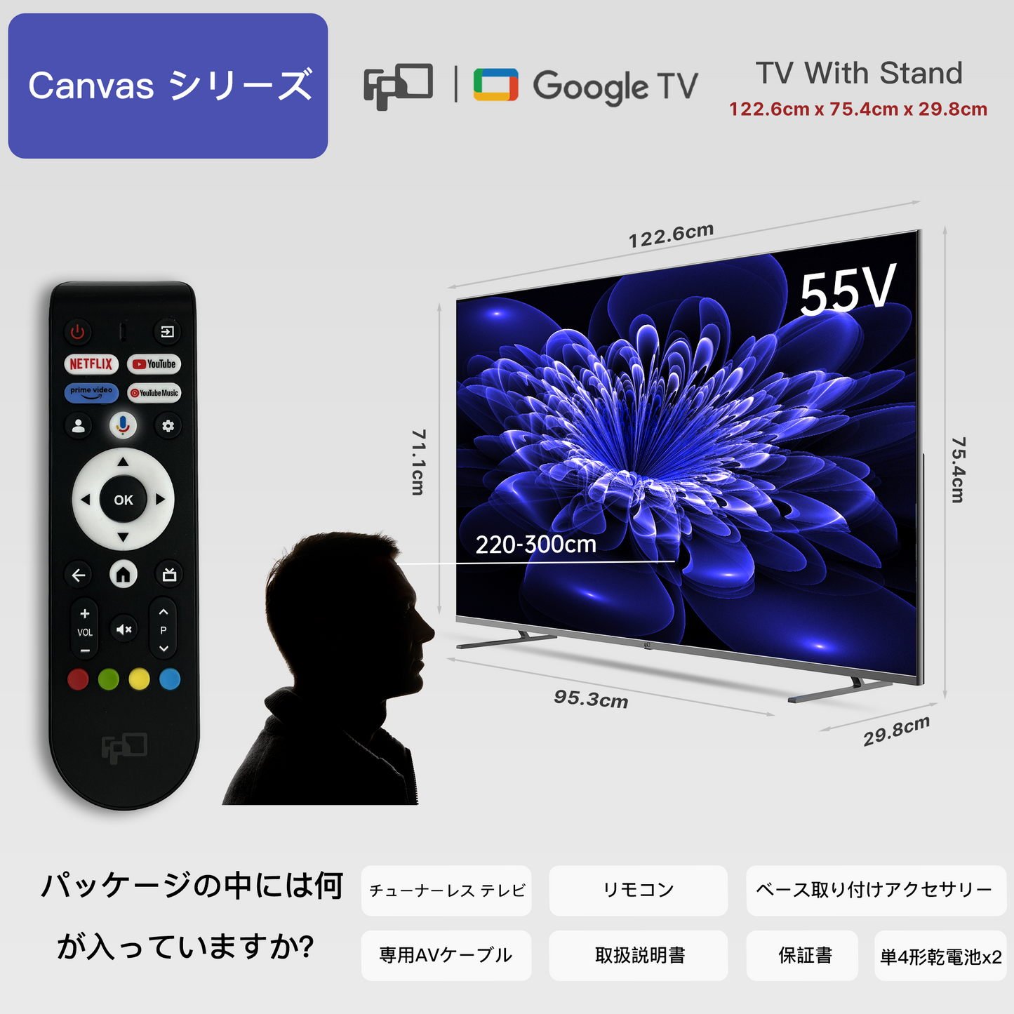 FPD チューナーレステレビ 55V型 4K Google TV ネット動画対応 スマートテレビ HDR10対応 Dolby Vision Dolby Atmos MEMCテクノロジー Google Cast内蔵 音声検索対応 VESA規格