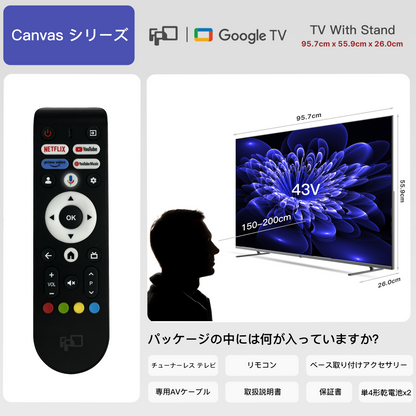 FPD チューナーレステレビ 43V型 4K Google TV ネット動画対応 スマートテレビ HDR10対応 Dolby Vision Dolby Atmos MEMCテクノロジー Google Cast内蔵 音声検索対応 VESA規格