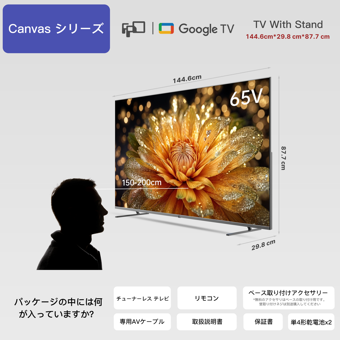 FPD チューナーレス テレビ 4K 65インチ Google TV 65V型 液晶テレビ ネット動画対応 スマート テレビ eARC HDMI 2.1 対応 大型 Smart TV HDR10対応 Dolby Vision Atmos MEMCテクノロジー Google Cast内蔵 音声検索対応 VESA規格