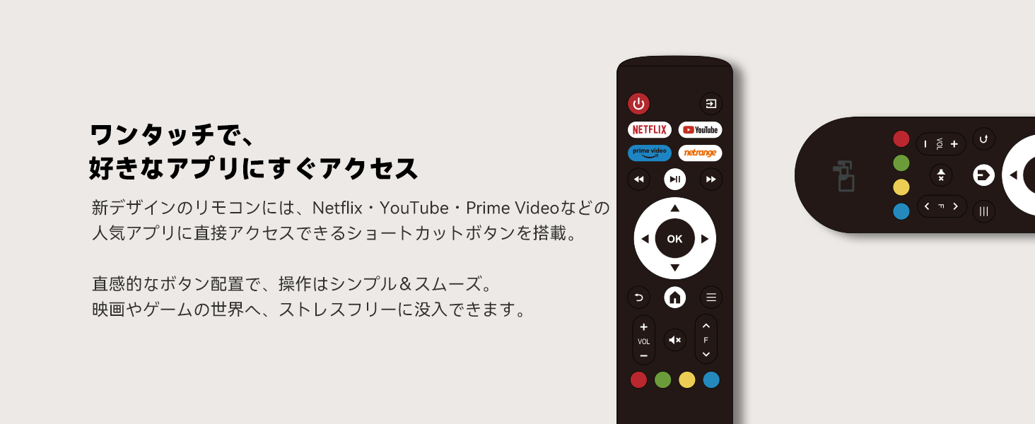 動画を読み込む: 電源ボタン： プロジェクターの電源をオン/オフします。戻るボタン： 前の画面にすばやく戻ります。メニューボタン： 映像設定をカスタマイズできます。ホームボタン： どの画面からでもホーム画面に戻ります。音量ボタン： 音量を上下に調整します。フォーカスボタン： 手動で焦点を調整します。アプリボタン： Netflix、YouTube、Prime Video、Netrangeなどの人気アプリに直接アクセスできます。