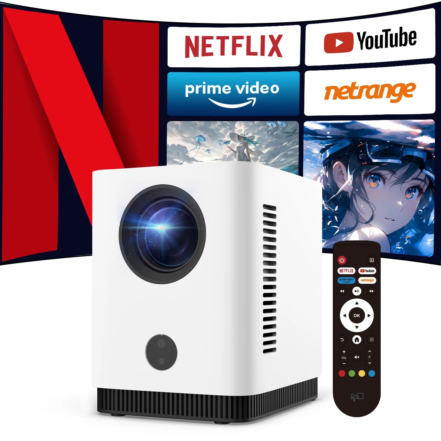 FPD 1080P プロジェクター 本体 リモコン 正面商品画像 Netflix YouTube Prime Video対応